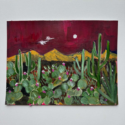 Painting of a desert landscape with cacti, mountains, and a moon.