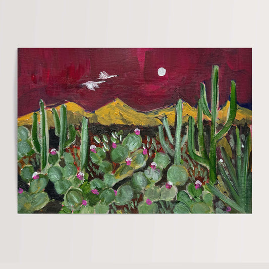 Painting of a desert landscape with cacti and a red sky.