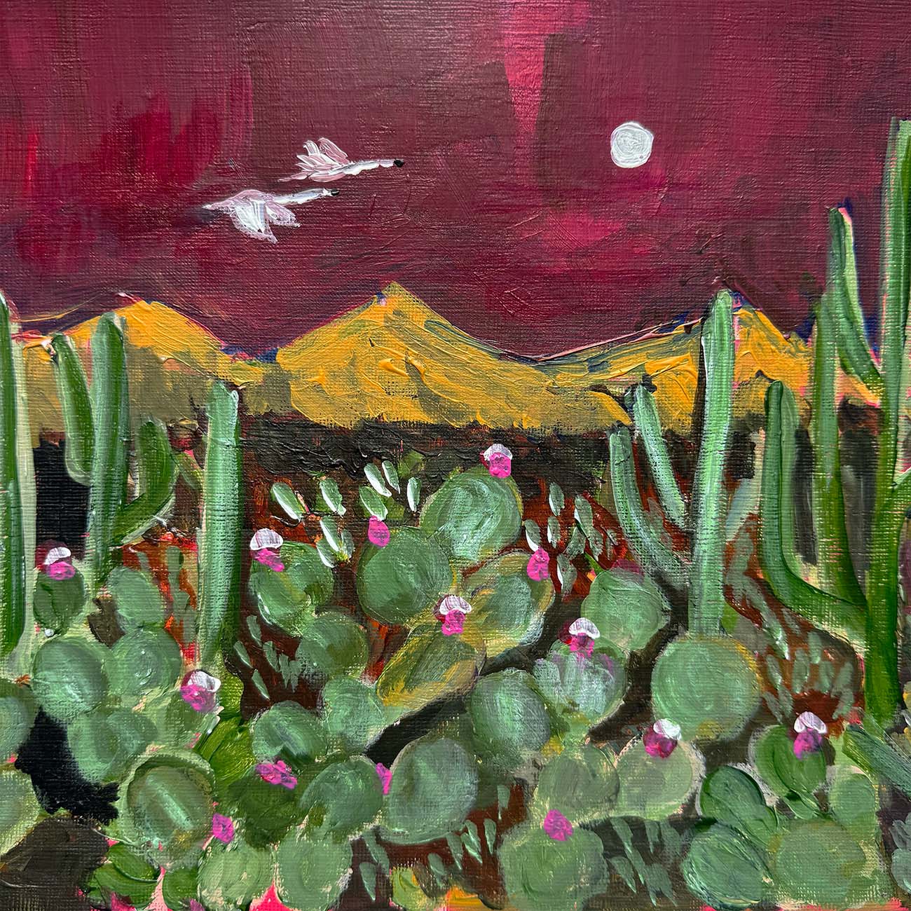 Painting of cacti with a mountain and moon in the background