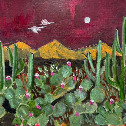 Painting of cacti with a mountain and moon in the background