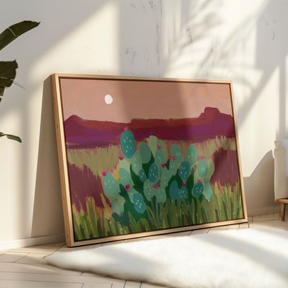 Colorful desert wall art print featuring prickly pear cacti, layered magenta mountains and a glowing moon at dusk