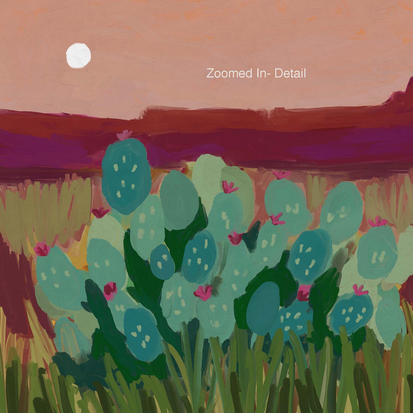Southwestern landscape giclée print with bold teal cacti and pink blooms against a warm desert sky