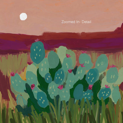 Southwestern landscape giclée print with bold teal cacti and pink blooms against a warm desert sky