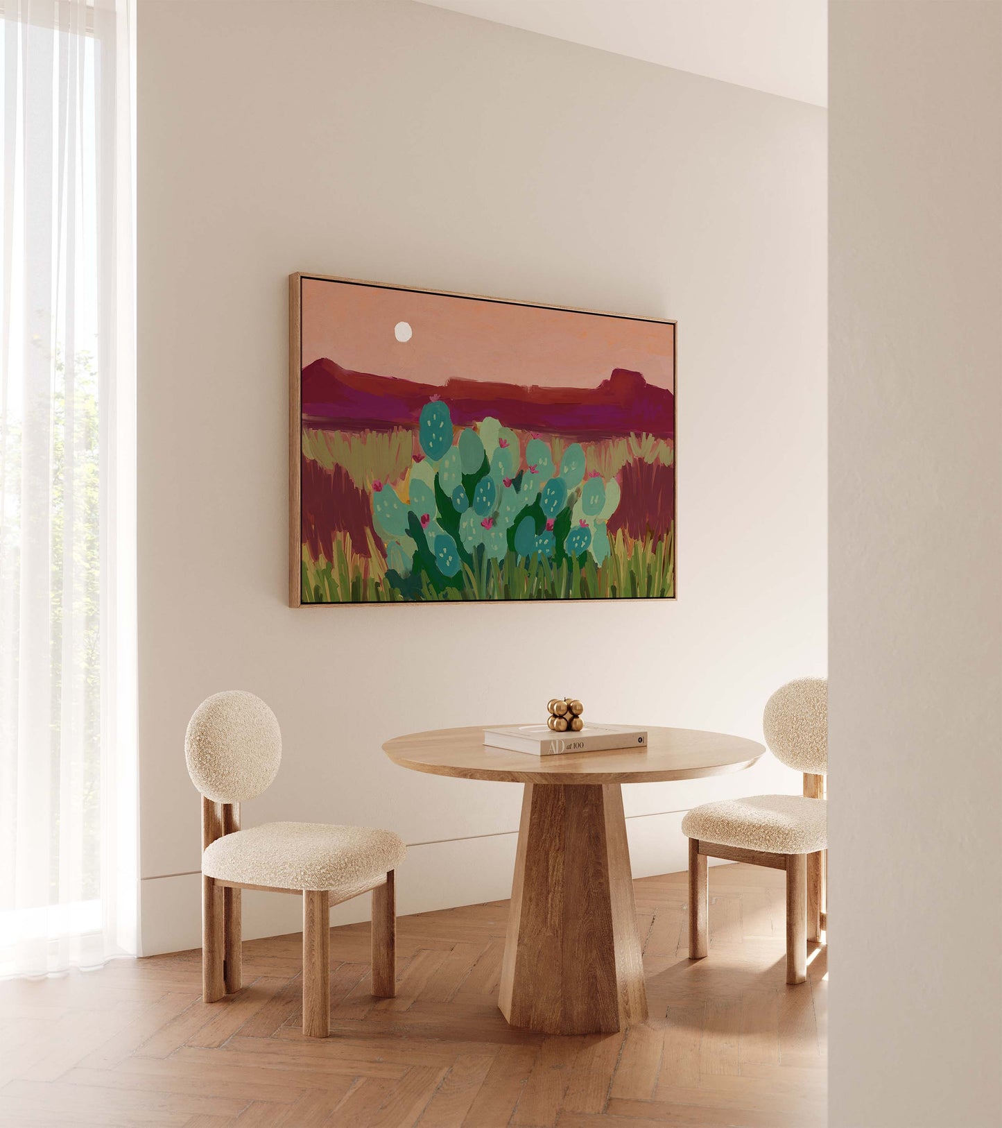 Framed desert landscape canvas print with teal cacti, magenta mountains and a rose sky, floating frame wall art