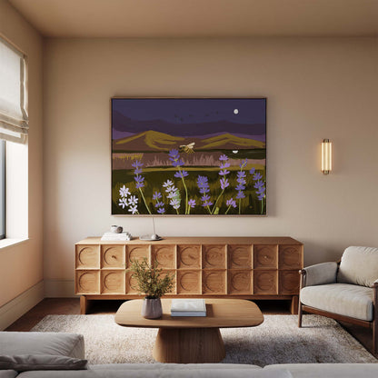 1/1 original giclée canvas print of a purple night sky over lavender fields with a bee detail, mounted in an oak floating frame ready to hang