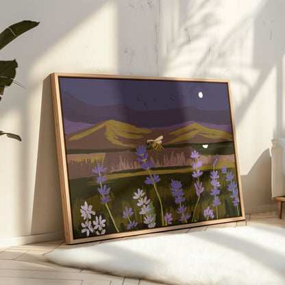 One of a kind framed wall art of a moody night landscape with lavender blooms, golden mountains and a full moon by independent artist Stardust and Wild