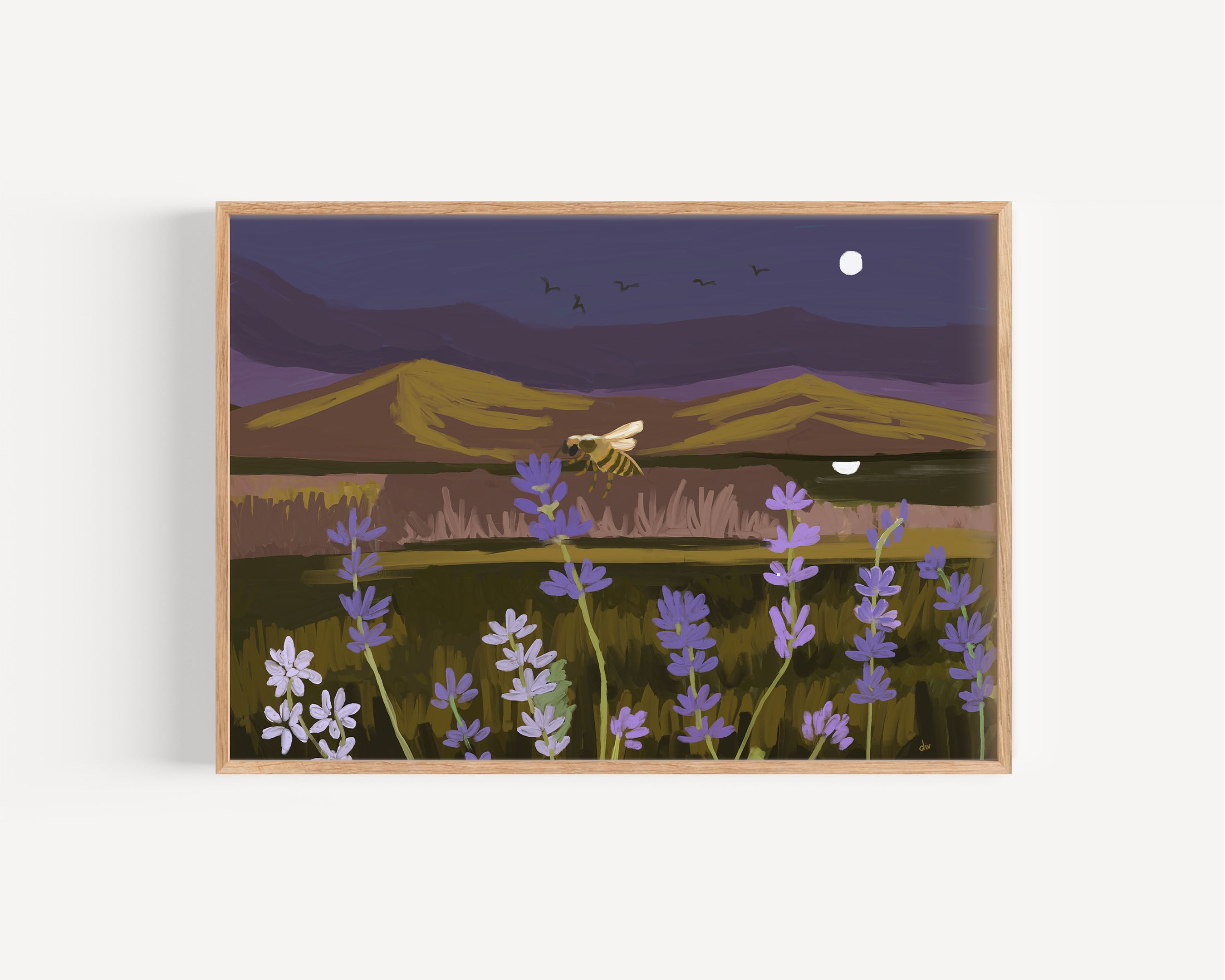 Original digital painting of lavender fields and purple mountains at night with a glowing moon and a bee hovering over the flowers in an oak floating frame