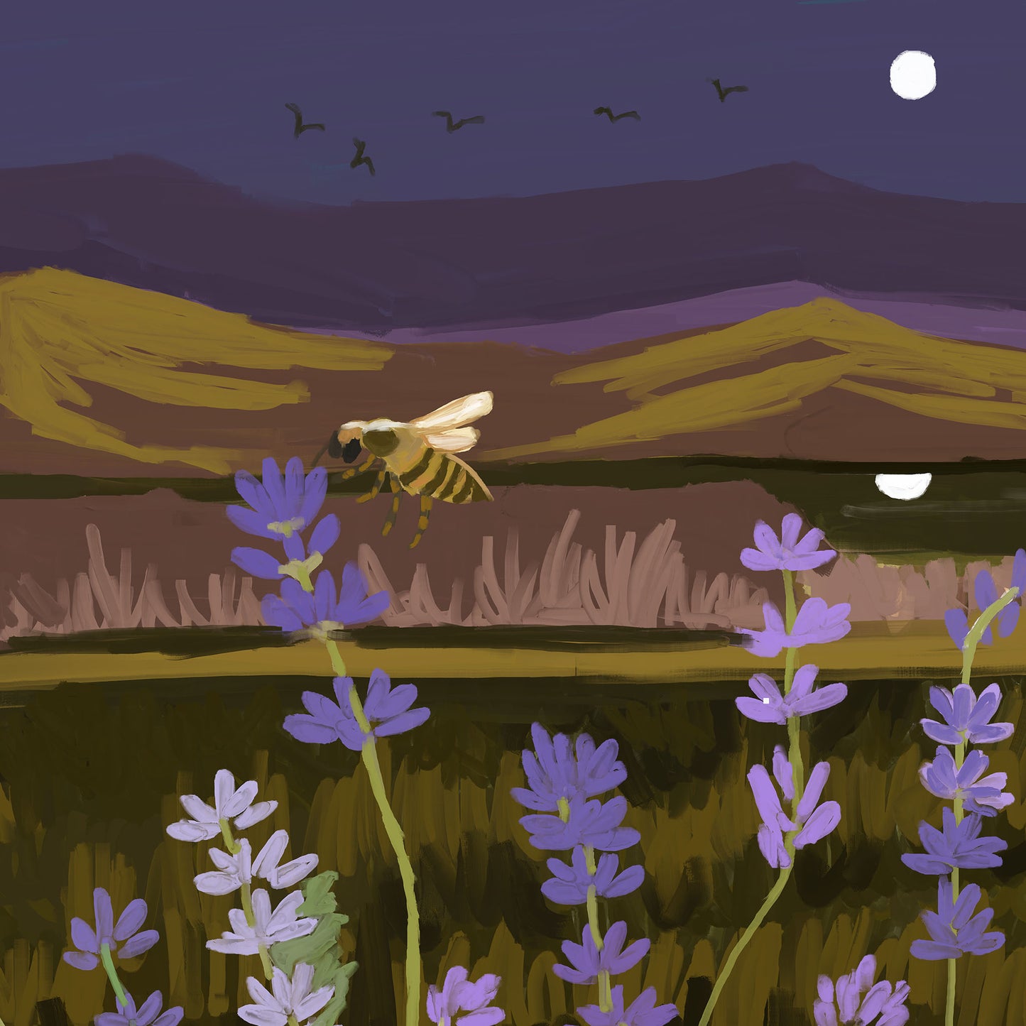 Framed original digital painting of a moonlit lavender landscape with moody purple sky, golden mountains and a single bee, signed original art